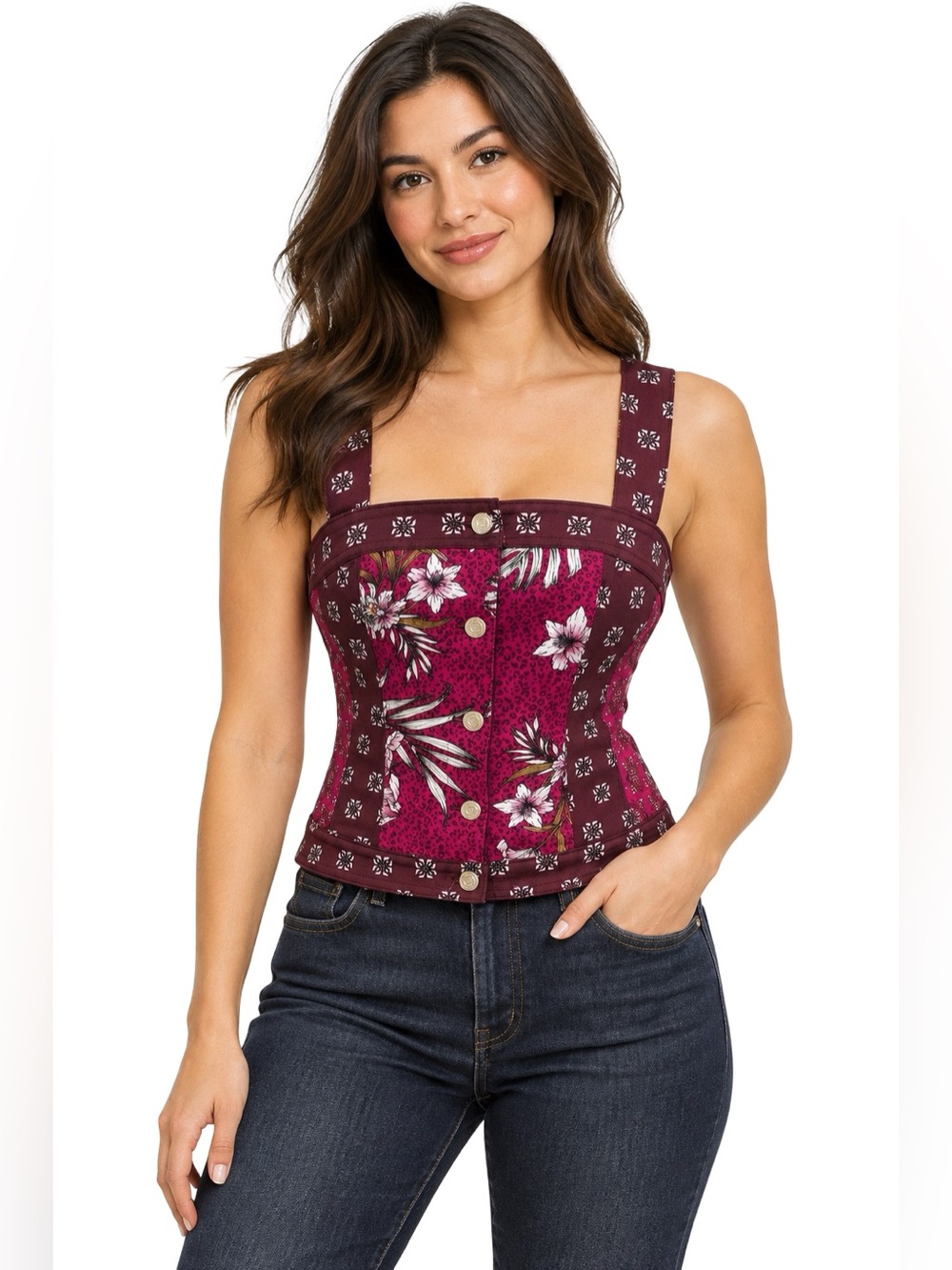 WHBM Y2K Mixed Print Floral Corset Top NWOT Size 4 Boho Bustier